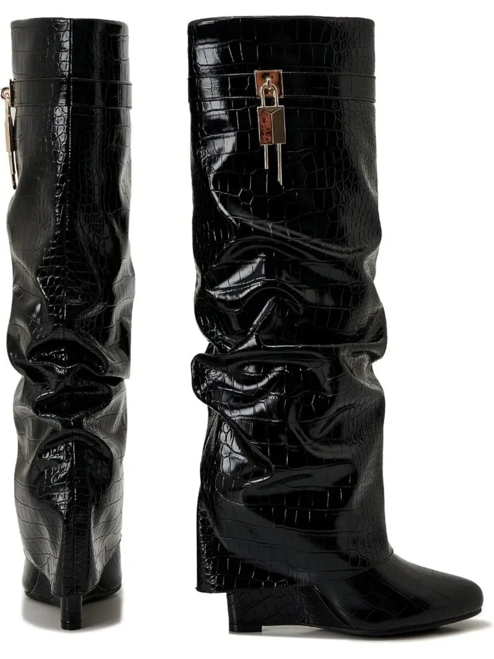 Women's Black Pointy Pull-on Side Zipper Padlock Fold Over Knee High Boots